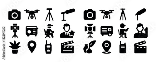 Camera and film equipment icons: drones, cameras, tripods, clappers, and more
