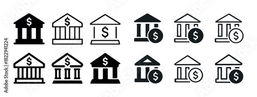 Set of bank icons: money, currency, finance, dollar symbols