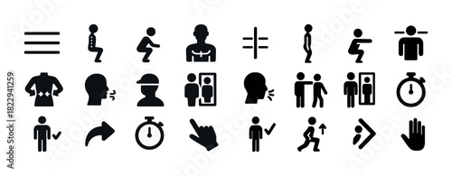 Silhouette icons of exercise, posture, breathing, and time with human figures