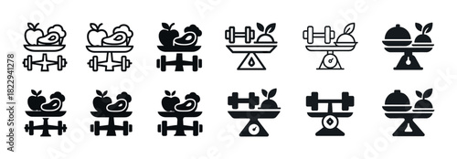 Icons of healthy lifestyle: fruits and dumbbells balance