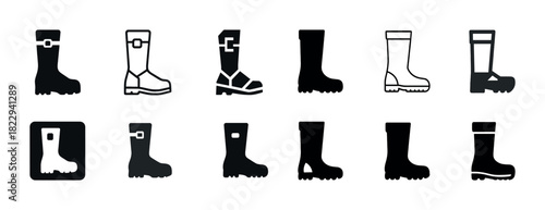 Collection of various black and white boot icon designs