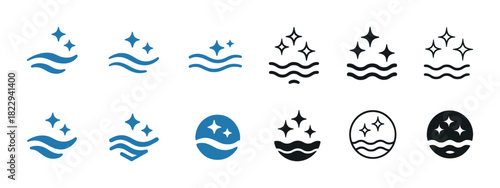 Set of sparkling water icons in blue and black with waves and stars