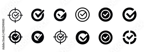 Twelve black check mark icons in various circular designs