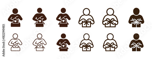 Icon set of diverse people giving gifts and donations