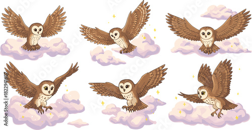 Flying owls on pastel clouds, magical bird illustration, whimsical wildlife artwork, fantasy animal design collection, nocturnal owl character concept set
