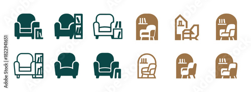 Set of minimalist armchair and desk icons in green and brown colors