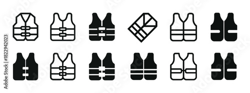 Set of black life jacket icons in various styles