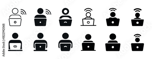Set of computer user icons with wi-fi symbols in various styles