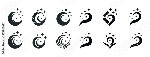 Abstract black and white lunar logos with sparkles