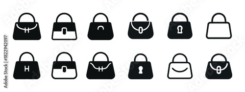 Collection of various handbag icons in simple black silhouette design