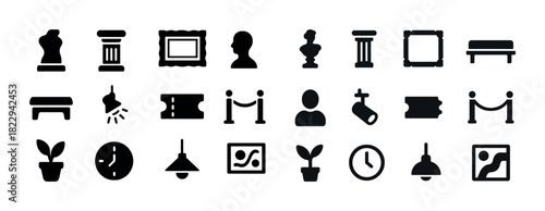 Museum icons: art, sculpture, frame, pedestal, barrier, spotlight collection