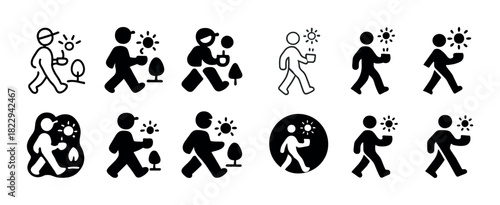 Icon set: people walking and running outdoors in various styles and situations