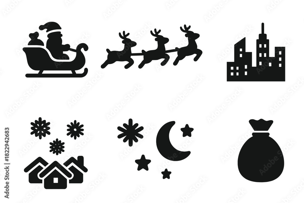 Naklejka premium Santa's Sleigh Icons. Santa Claus flying over the city. Filled icon set of Santa Claus flying over the city: