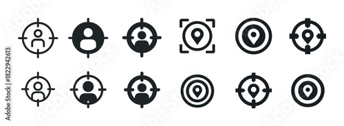 Target and location icon set featuring various styles and designs
