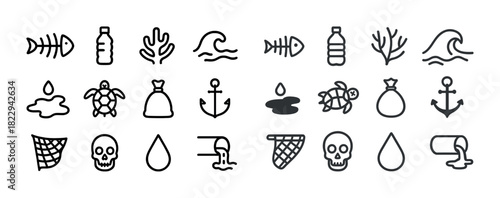 Environmental icons highlighting pollution and marine life conservation needs