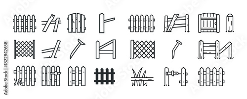 Collection of various fence icons with different styles and designs