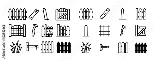 Collection of fence icons and gardening tools in black and white
