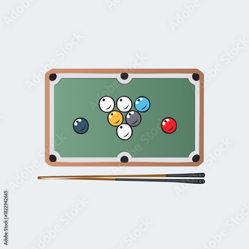 Billiard Table with Balls and Cues, Top View, Green Felt, Game Room, Leisure Activity.