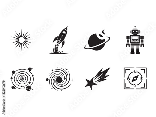 Interstellar Icon Set. Interstellar Travel silhouette icon set: warp tunnel, starship, distant planet, astronaut figure, solar system, galaxy spiral, shooting star, navigation grid