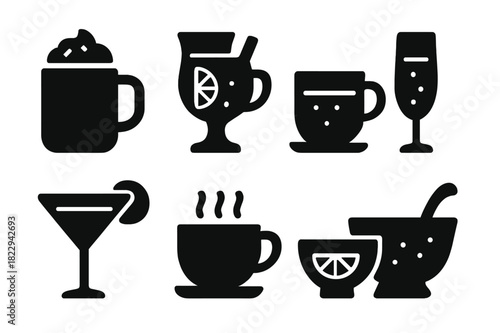 Festive Drinks Icons. Festive drinks. Filled icon set of festive drinks: hot chocolate mug, mulled wine glass,