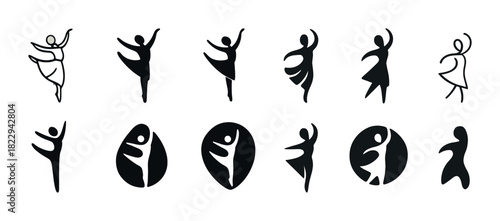 Silhouette dancer icons in various ballet and dance poses