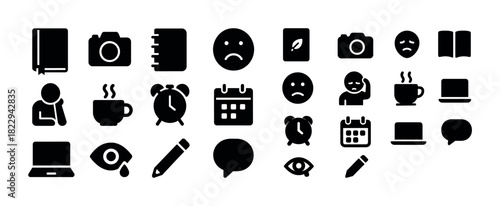 Variety of black icons including camera, calendar, and coffee cup
