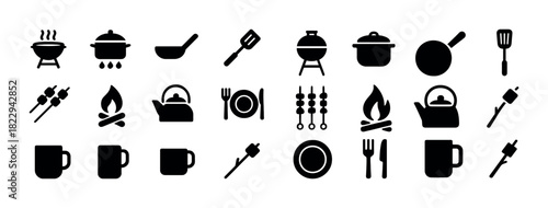 Black and white kitchen utensil icons for cooking and dining