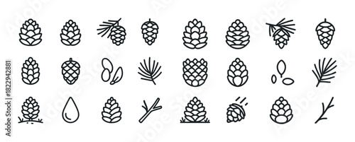 Collection of pine cones and pine elements icons set on white background
