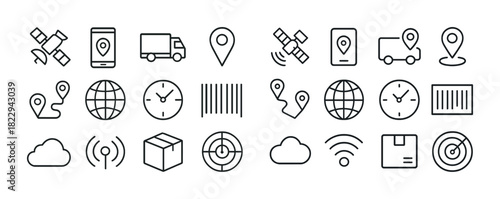 Gps and delivery icons: satellites, trucks, maps, and more for navigation and logistics