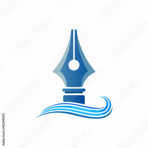 Blue Fountain Pen Nib with Flowing Water Waves Logo.