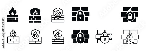 Firewall and security icons representing protection and safety with flames and locks