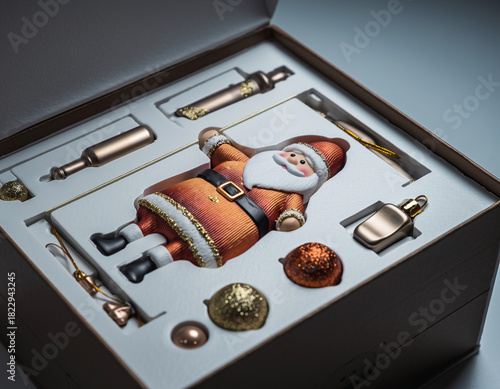 Santa claus figurine rests in a box with christmas ornaments, ready for decorating the tree during the holiday season, creating a festive mood.