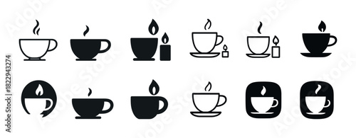 Set of iconic coffee, tea, and candle silhouettes in various styles
