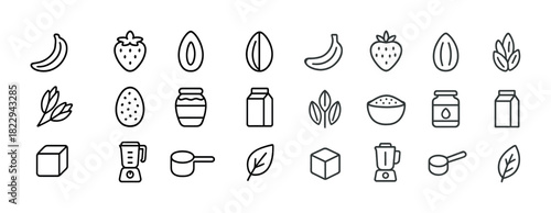 Assorted food ingredient icons including fruits and kitchen tools