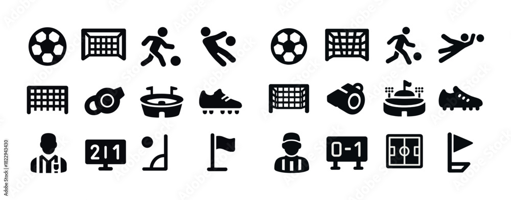 Obraz premium Soccer icon set featuring balls, goals, players, stadiums, and equipment