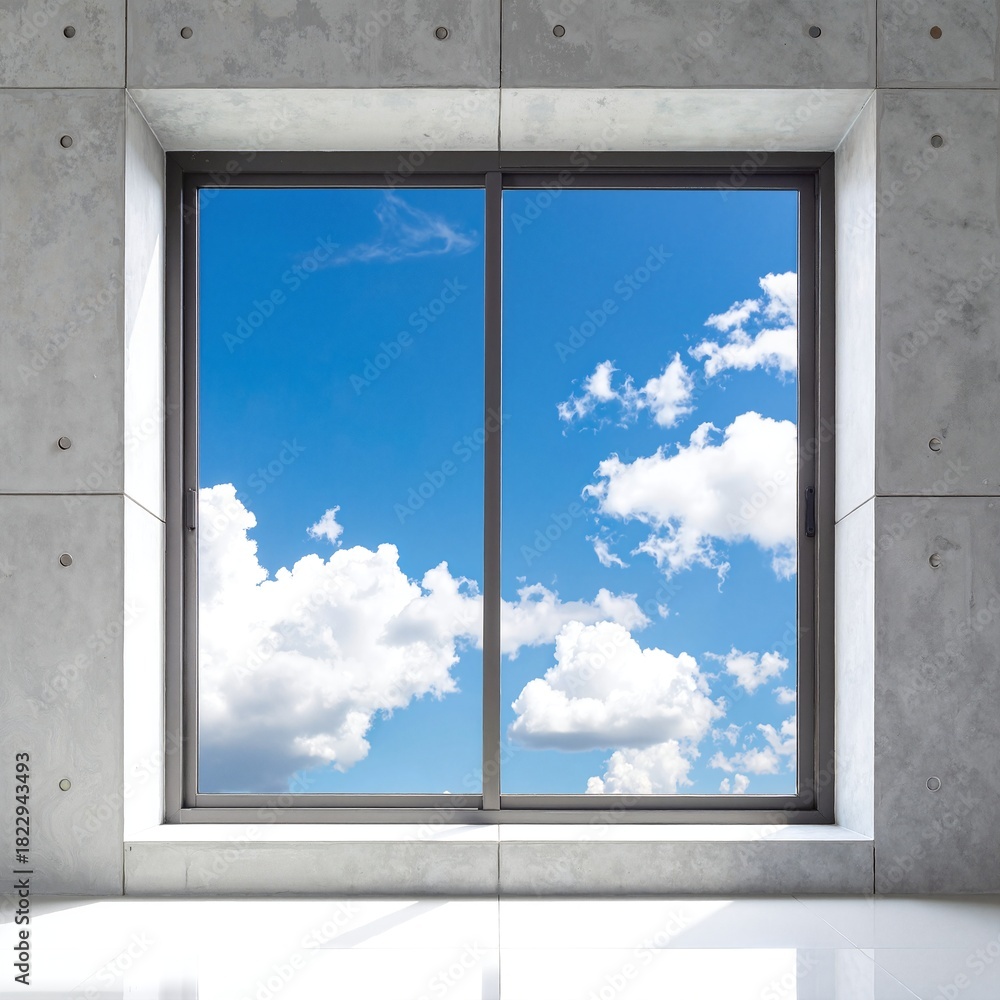 Fototapeta premium A large window showcases a stunning reflection of a bright blue sky adorned with fluffy white clouds, creating a serene and tranquil atmosphere.