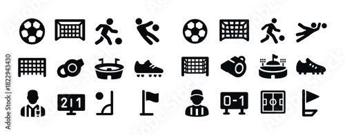 Soccer icon set featuring balls, goals, players, stadiums, and equipment