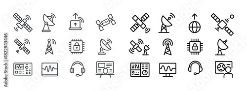Satellite and communication icons: dishes, antennas, computers, technology symbols
