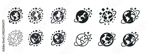 Earth icon set with orbiting satellites in various styles