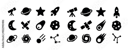 Space icons set: telescope, planet, star, rocket, moon, comet