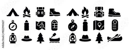 Camping icons: tents, campfires, backpacks, boots, compass, nature symbols