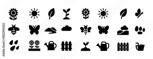 Garden icons set: flowers, sun, leaves, bees, butterflies, watering cans, fences