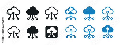 Cloud technology icons set featuring network and storage designs