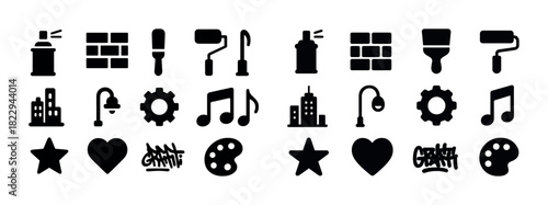 Graffiti tools and urban icons: spray cans, brushes, music notes, streetlights, and hearts