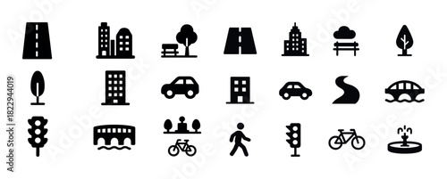 Urban icon set: buildings, nature, transport, and city elements
