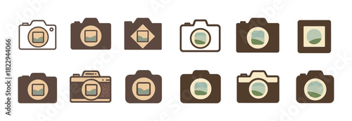 Collection of minimalist camera icons with landscape motifs in brown and beige