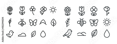 Simple black line nature icons featuring flowers, plants, animals, and weather elements