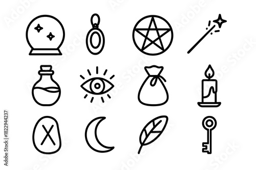Witchcraft Talisman Icons. Witchcraft talisman set. Line outline icon set of witchcraft talisman set: crystal