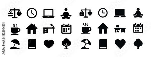 Set of minimalist icons: balance, time, technology, meditation, coffee, home, calendar, workspace, nature, love