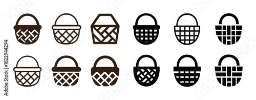Set of black and brown basket icons with various handle designs